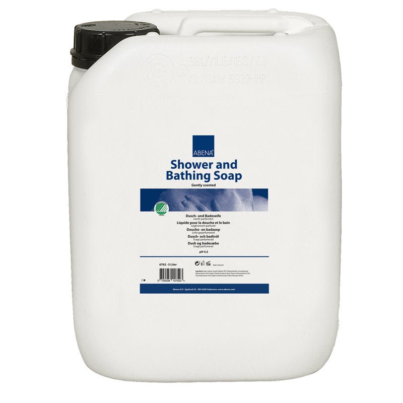 Λευκό πλαστικό μπουκάλι 5.000 ml με μαύρο καπάκι και την επιγραφή "Abena Re-Seller GmbH Σαπούνι ντους και μπάνιου, ελαφρώς αρωματισμένο" καθώς και μπλε και λευκά γράμματα με οδηγίες χρήσης. Πωλείται σε κουτί (2 συσκευασίες).