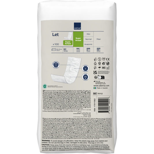 Eine weiße Packung ABENA Let Super Airlaid von Abena Re-Seller GmbH (100 Stück) zeigt auf der Vorderseite das Produktbild, hohe Saugfähigkeit, Recycling-Symbole und Verwendungshinweise.