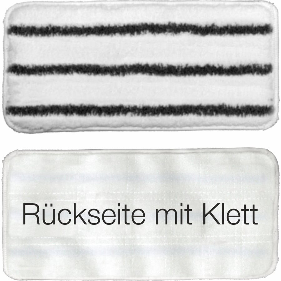 Απεικονίζονται δύο ορθογώνια καθαριστικά επιθέματα: το επάνω είναι το προϊόν που διακόπτεται Arcora Handpad hart 27x13 cm με νανοδομημένη επιφάνεια και τρεις μαύρες λωρίδες για επαγγελματική χρήση, και το κάτω είναι το απλό λευκό επίθεμα με την επιγραφή "Πίσω πλευρά με Velcro". Μάρκα: Arcora International GmbH.