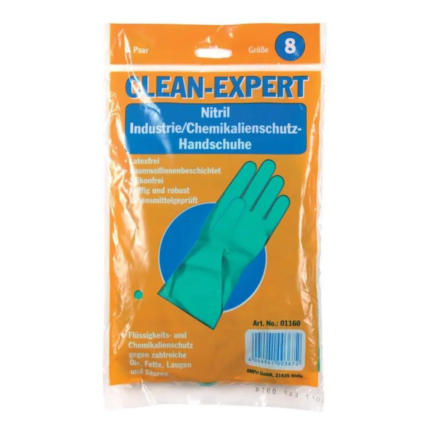 Μια συσκευασία νιτριλίου χημικών γαντιών «Clean-Expert» της AMPri Handelsgesellschaft mbH, μέγεθος 8. Η πορτοκαλί-διαφανής συσκευασία δείχνει μια εικόνα των πράσινων γαντιών στο εσωτερικό. Αυτά τα βιομηχανικά γάντια είναι χωρίς λάτεξ, επενδυμένα και ελεγμένα για στεγανότητα, καθιστώντας τα ιδανικά γάντια προστασίας από χημικά.