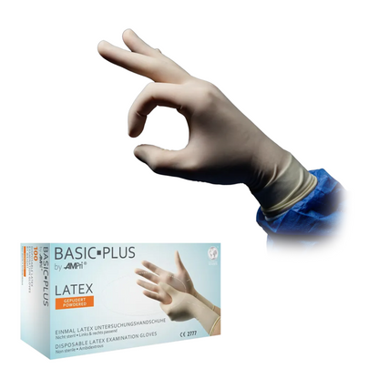 Ένα χέρι με γάντι λατέξ κάνει μια κίνηση "OK". Κάτω από αυτό υπάρχει ένα κουτί με την επιγραφή "AMPri BASIC-PLUS γάντια λατέξ πούδρινα, άσπρα | Κουτί (100 τεμάχια)" της AMPri Handelsgesellschaft mbH, που περιέχει γάντια εξετάσεων μιας χρήσης από λατέξ. Το κουτί δείχνει μια εικόνα χεριών με γάντια και ένα πολυγλωσσικό κείμενο που τονίζει την προστασία από χημικά.