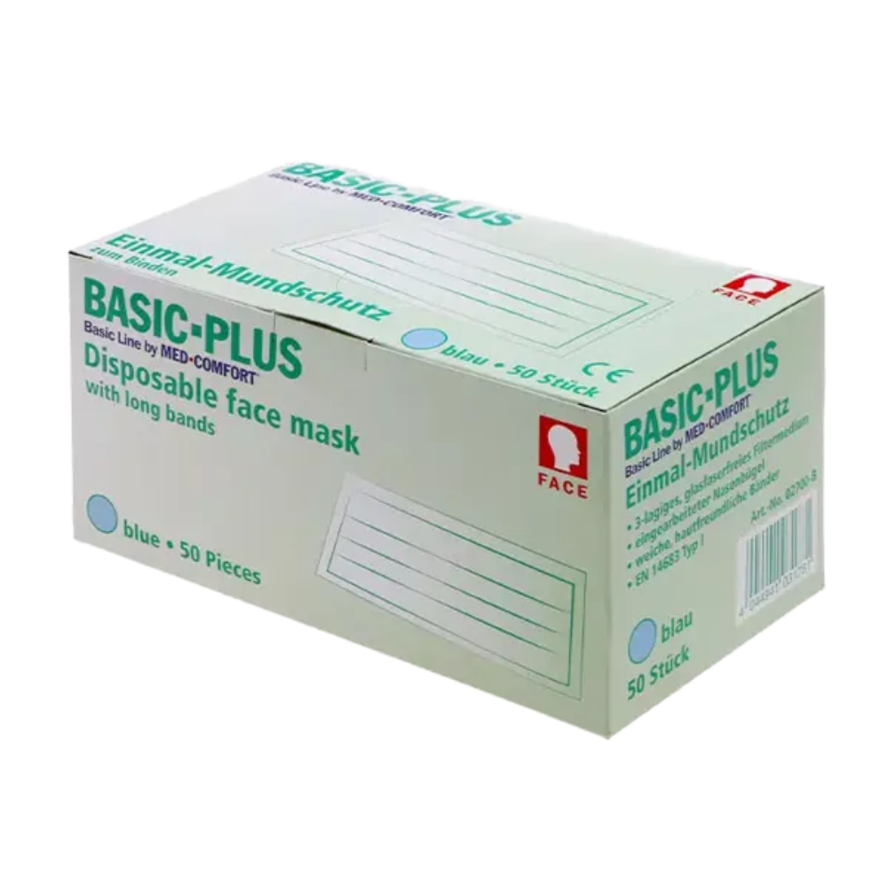 Eine Schachtel AMPri BASIC-PLUS Mundschutz 3-lg. Typ II zum Binden in Blau. Die hellgrüne Verpackung mit blauem Text bezeichnet das Produkt als „Basic Line by MED-COMFORT“ von AMPri Handelsgesellschaft mbH. Die Schachtel enthält 50 blaue medizinische Atemschutzmasken mit langen Bändern und zeigt auf der Vorderseite eine Abbildung der Maske, die die Einhaltung der Norm EN 14683 gewährleistet.