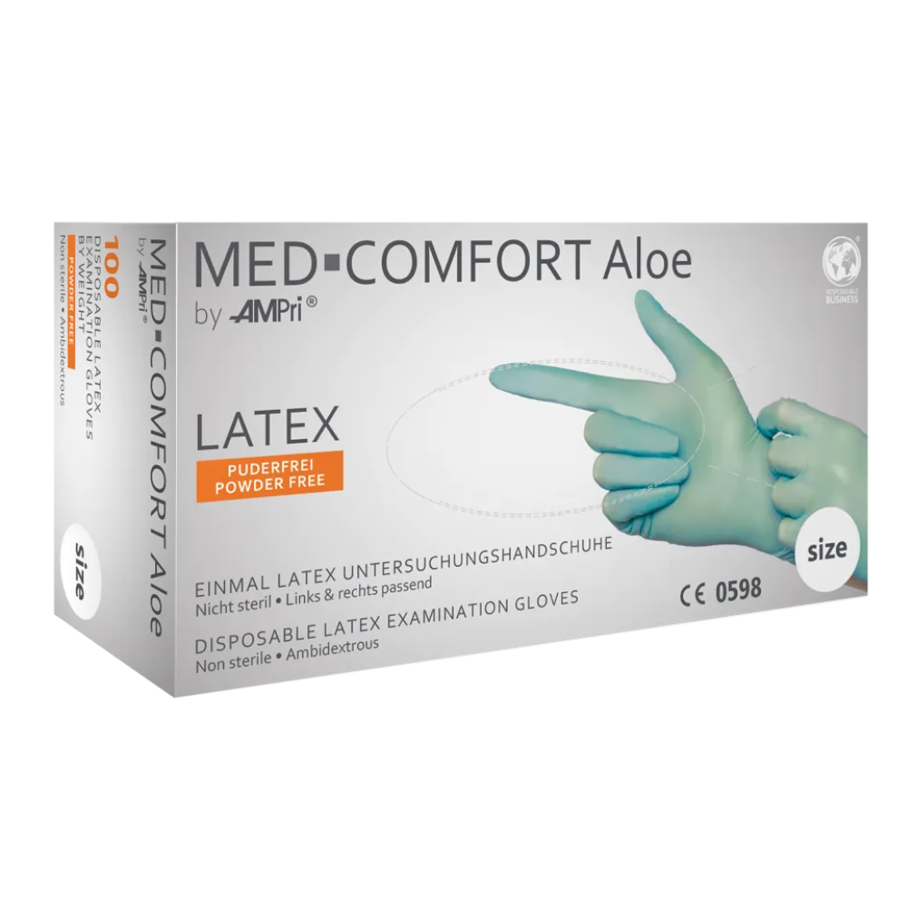 Η εικόνα δείχνει ένα κουτί AMPri MED-COMFORT Aloe Latexhandschuhe χωρίς πούδρα, στο χρώμα μέντας από την AMPri Handelsgesellschaft mbH. Αυτά τα γάντια εξέτασης μιας χρήσης από λάτεξ είναι μη αποστειρωμένα, χωρίς πούδρα και κατάλληλα για και τα δύο χέρια. Το κουτί δείχνει μια εικόνα χεριών με γάντια και αναφέρει ότι είναι κατάλληλα για μία χρήση. Το κουτί περιέχει 100 γάντια.