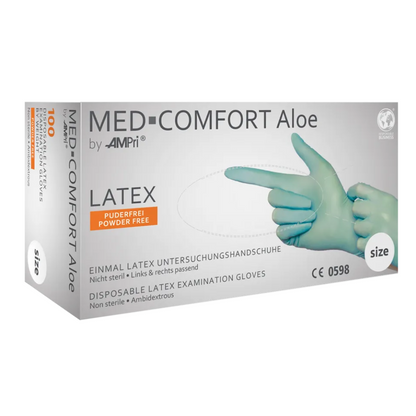 Η εικόνα δείχνει ένα κουτί AMPri MED-COMFORT Aloe Latexhandschuhe χωρίς πούδρα, στο χρώμα μέντας από την AMPri Handelsgesellschaft mbH. Αυτά τα γάντια εξέτασης μιας χρήσης από λάτεξ είναι μη αποστειρωμένα, χωρίς πούδρα και κατάλληλα για και τα δύο χέρια. Το κουτί δείχνει μια εικόνα χεριών με γάντια και αναφέρει ότι είναι κατάλληλα για μία χρήση. Το κουτί περιέχει 100 γάντια.