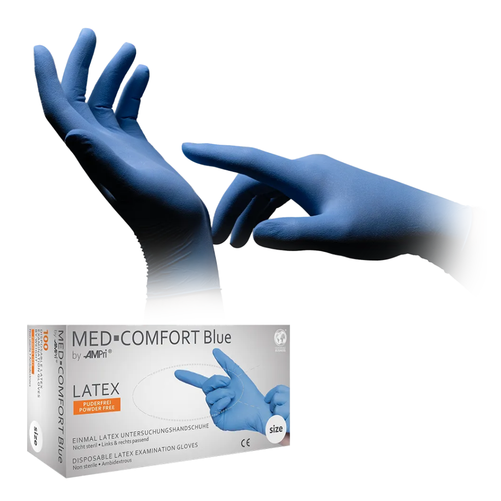 Ένα κουτί AMPri MED-COMFORT BLUE γάντια λατέξ χωρίς πούδρα, μπλε | Κουτί (100 τεμάχια) απεικονίζεται. Πάνω από το κουτί απεικονίζονται δύο χέρια με μπλε γάντια λατέξ, με το ένα χέρι να προσαρμόζει το γάντι στο άλλο. Το κουτί δείχνει λεπτομέρειες προϊόντος και το σήμα CE της AMPri Handelsgesellschaft mbH, ιδανικό για την επεξεργασία τροφίμων.