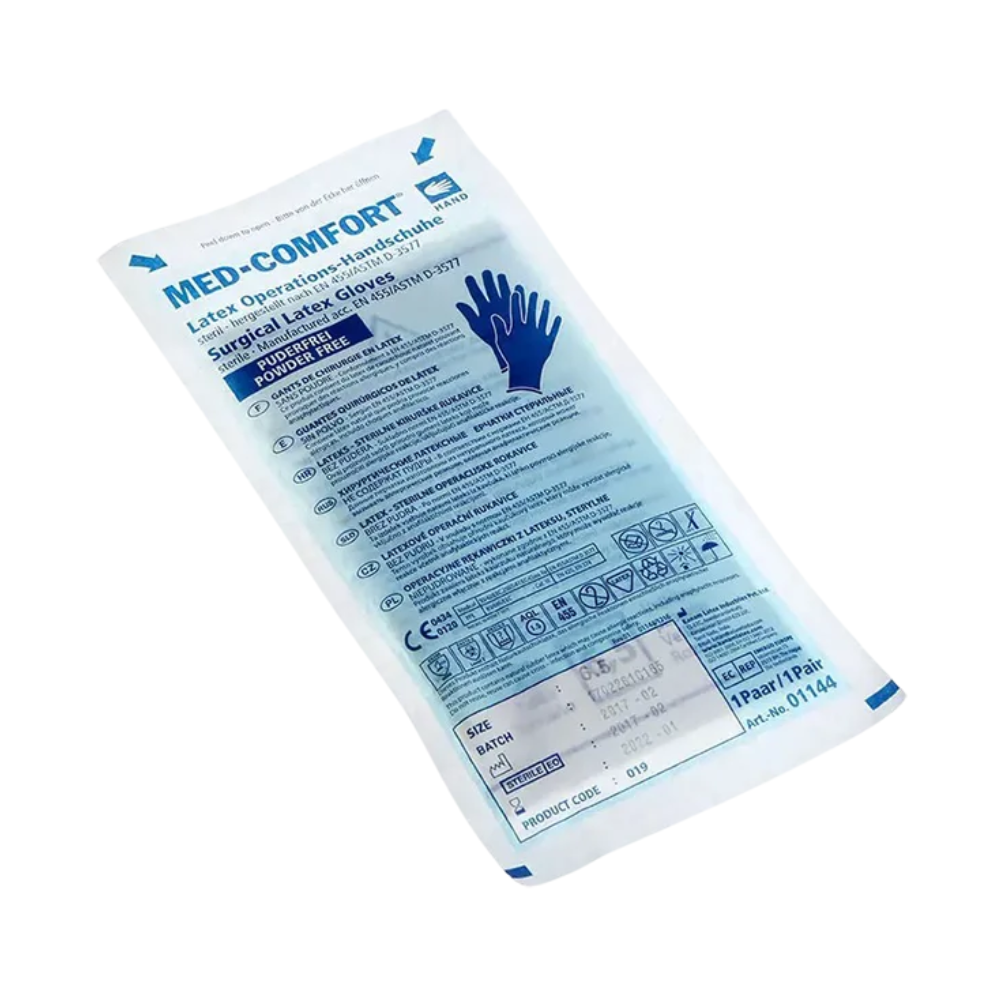 Eine blau-weiße Verpackung mit der Aufschrift „AMPri MED-COMFORT Latex OP-Handschuhe steril puderfrei, weiß“ von AMPri Handelsgesellschaft mbH. Die Verpackung enthält Anleitungstexte und -symbole, ein blaues Bild eines Handschuhs sowie Produktdetails wie Größe und Chargennummer. Diese sterilen OP-Handschuhe sind ideal für verschiedene medizinische Eingriffe.
