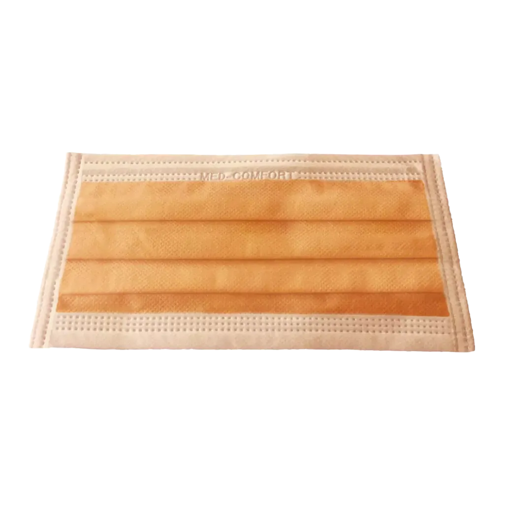 Απεικονίζεται η μάσκα AMPri MED-COMFORT OP zum Binden Typ IIR σε πορτοκαλί της AMPri Handelsgesellschaft mbH. Αυτή η μάσκα μιας χρήσης για το στόμα και τη μύτη διαθέτει θηλιές για τα αυτιά, οριζόντιες πτυχές και ενισχυμένη άκρη για να εξασφαλίσει ασφαλή εφαρμογή.