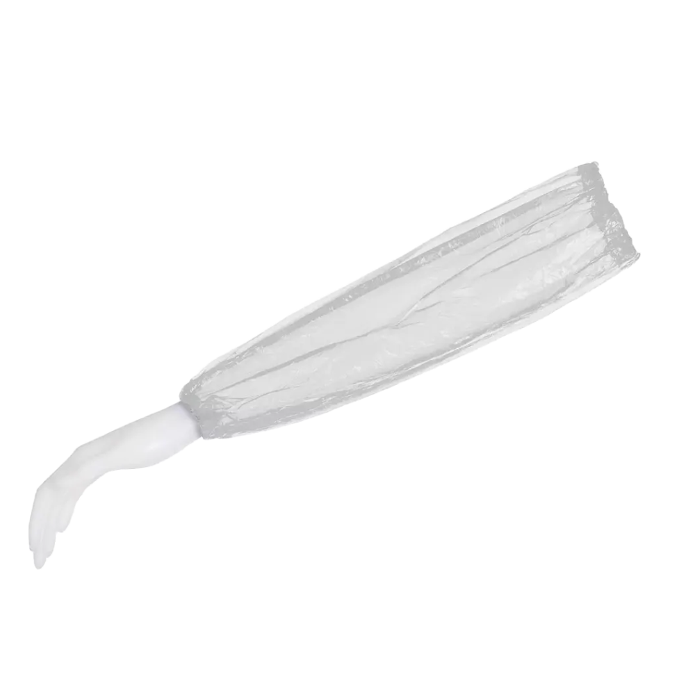 Ένας λευκός βραχίονας κούκλας βιτρίνας παρουσιάζει ένα AMPri MED-COMFORT PE προστατευτικό μανίκι, μεγέθους 40 x 20 cm, από διαφανές πολυαιθυλένιο και έτσι είναι ιδανικό για τη βιομηχανία τροφίμων. Το μανίκι φτάνει από τον καρπό μέχρι πάνω από τον αγκώνα σε ένα απλό λευκό φόντο. Αυτό το προϊόν είναι από την AMPri Handelsgesellschaft mbH.