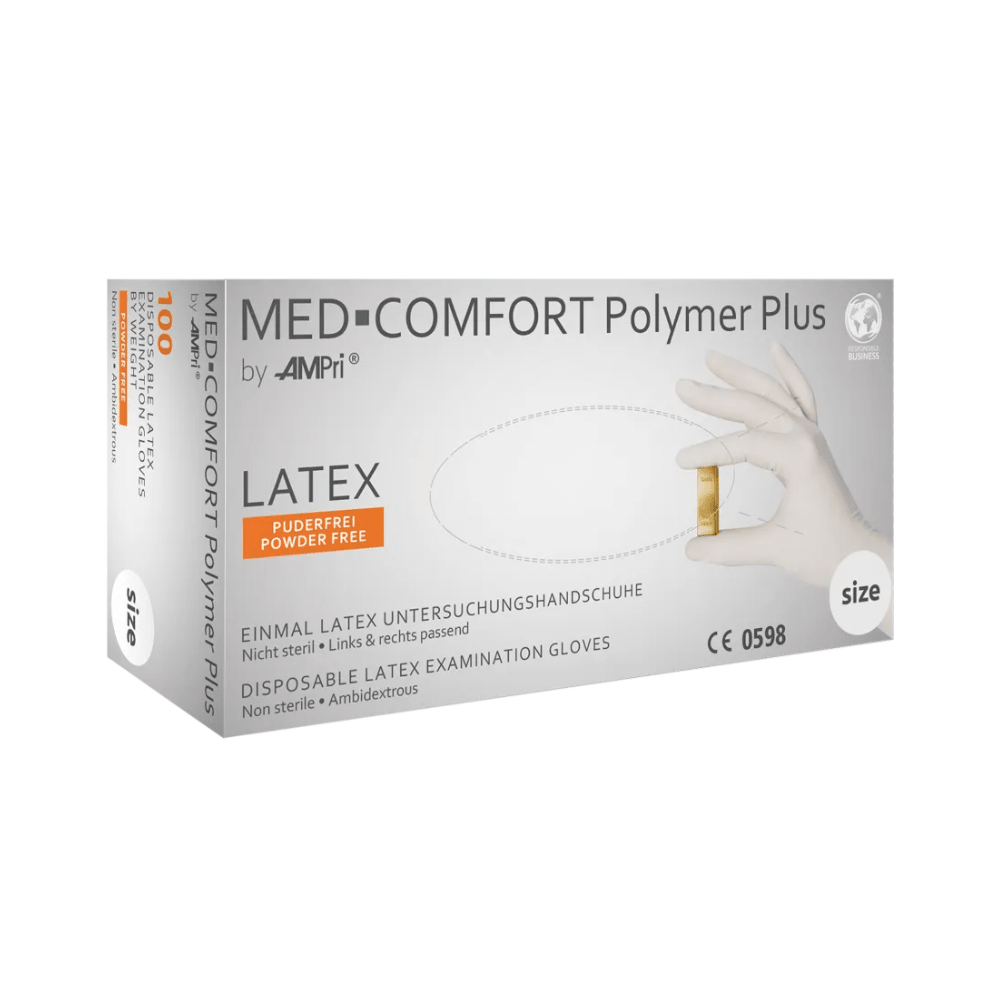 Ένα κουτί AMPri MED-COMFORT Polymer Plus γάντια λατέξ χωρίς πούδρα, λευκά | Κουτί (100 τεμάχια) από την AMPri Handelsgesellschaft mbH. Το λευκό κουτί με πολυγλωσσική ετικέτα υποδεικνύει ότι τα γάντια είναι χωρίς πούδρα και μη αποστειρωμένα. Ένα γάντι κρατιέται στο χέρι. Το μέγεθος του κουτιού αναγράφεται στο πλάι και υποδεικνύει τις χημικές προστατευτικές ιδιότητες.