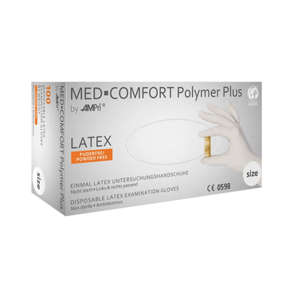 Ένα κουτί AMPri MED-COMFORT Polymer Plus γάντια λατέξ χωρίς πούδρα, λευκά | Κουτί (100 τεμάχια) από την AMPri Handelsgesellschaft mbH. Το λευκό κουτί με πολυγλωσσική ετικέτα υποδεικνύει ότι τα γάντια είναι χωρίς πούδρα και μη αποστειρωμένα. Ένα γάντι κρατιέται στο χέρι. Το μέγεθος του κουτιού αναγράφεται στο πλάι και υποδεικνύει τις χημικές προστατευτικές ιδιότητες.