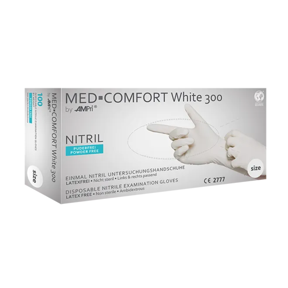Ένα κουτί AMPri MED-COMFORT WHITE 300 χωρίς πούδρα, μη αποστειρωμένα και χωρίς λάτεξ νιτριλίου γάντια με υπερμήκος από την AMPri Handelsgesellschaft mbH. Το κυρίως λευκό κουτί με μερικά μπλε κείμενα και εικόνες περιέχει γάντια εξέτασης νιτριλίου σε μη καθορισμένο μέγεθος.
