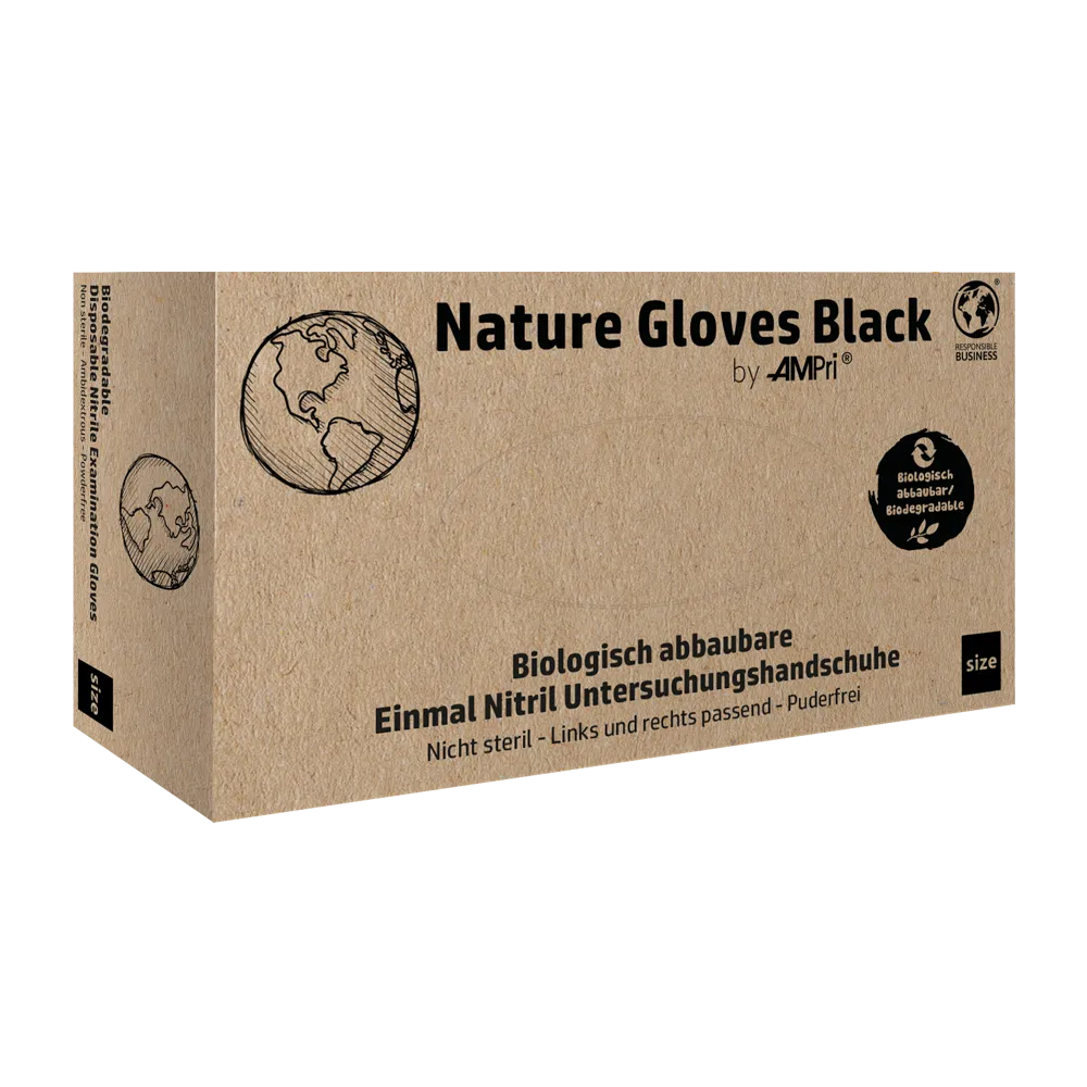 Ένα κουτί με την επιγραφή «AMPri Nature Gloves BLACK Nitrilhandschuhe Biologisch abbaubar» της AMPri Handelsgesellschaft mbH εκτίθεται. Περιέχει εικόνες ενός πλανήτη και ένα λογότυπο για βιολογική αποδομή. Το γερμανικό κείμενο στο κουτί περιγράφει αυτά τα μαύρα βιολογικά αποδομούμενα γάντια νιτριλίου και υπογραμμίζει την υψηλή αντοχή τους σε χημικά και βιολογική προστασία.