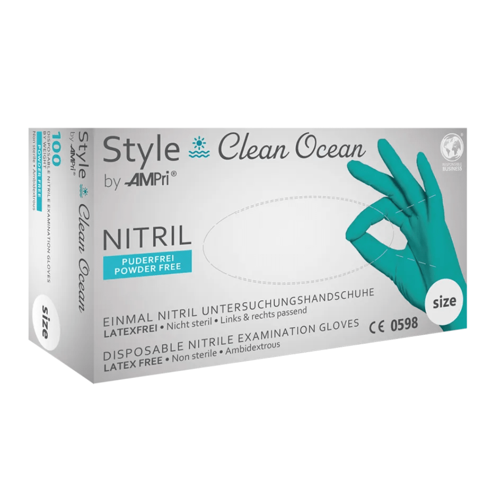 Ένα κουτί AMPri STYLE CLEAN OCEAN νιτριλίου γάντια χωρίς πούδρα από MED-COMFORT, τουρκικά, γάντια εξέτασης μιας χρήσης από νιτρίλιο. Στο κουτί αναφέρεται ότι τα γάντια είναι χωρίς λάτεξ, χωρίς πούδρα, μη αποστειρωμένα και μπορούν να φορεθούν και στα δύο χέρια. Στη συσκευασία αναγράφεται κυρίως το χρώμα του γαντιού σε τουρκικά και πληροφορίες στα γερμανικά και αγγλικά.
