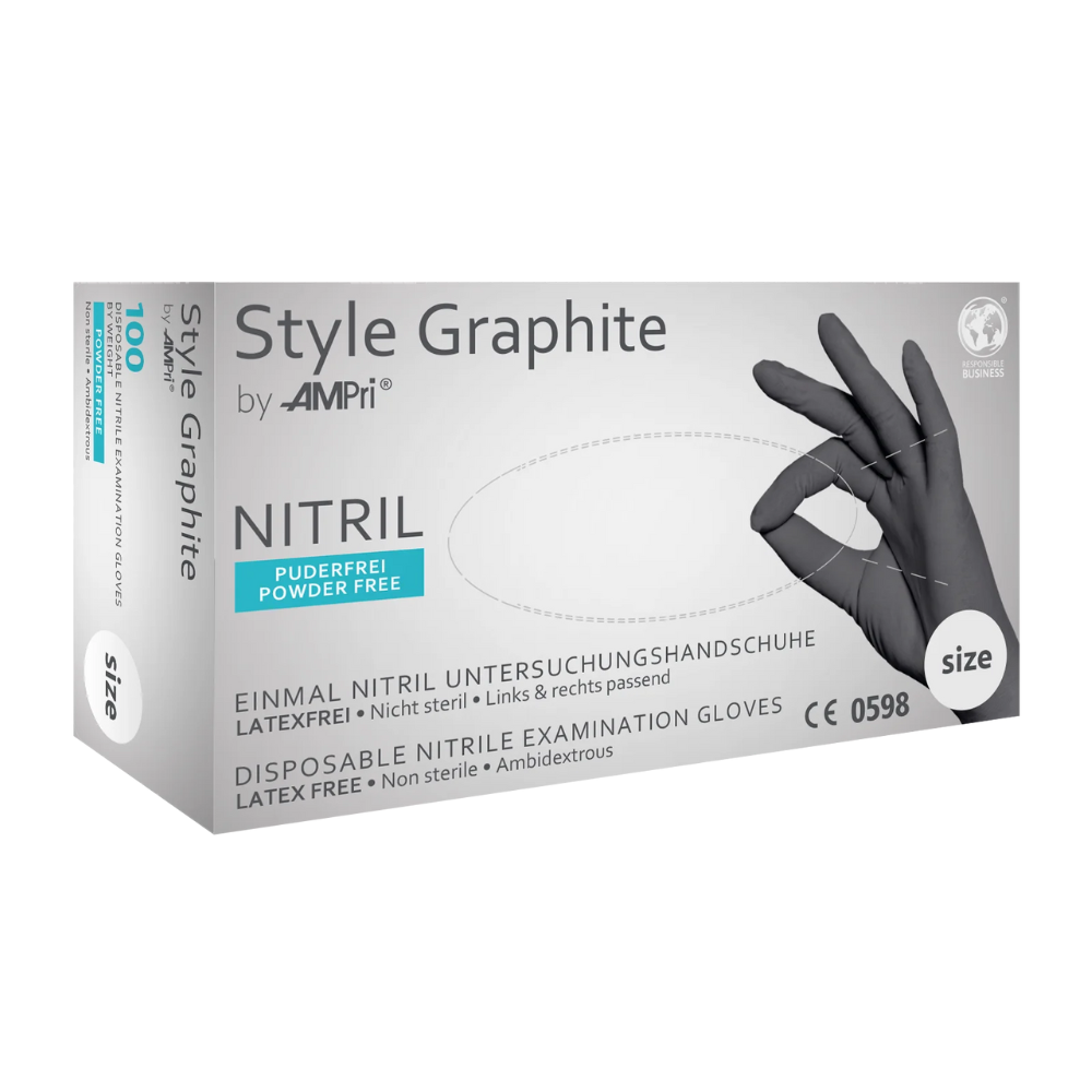 Ένα κουτί γαντιών νιτριλίου χωρίς πούδρα AMPri STYLE GRAPHITE από την MED-COMFORT, ανθρακί μιας χρήσης γάντια εξέτασης από νιτρίλιο της AMPri Handelsgesellschaft mbH. Αυτά τα γάντια χωρίς λάτεξ, μη αποστειρωμένα και αμφιδέξια φορητά είναι τοποθετημένα στο ανθρακί κουτί με κείμενο στα γερμανικά και αγγλικά, μαζί με μια εικόνα ενός χεριού που φοράει ένα γάντι νιτριλίου.