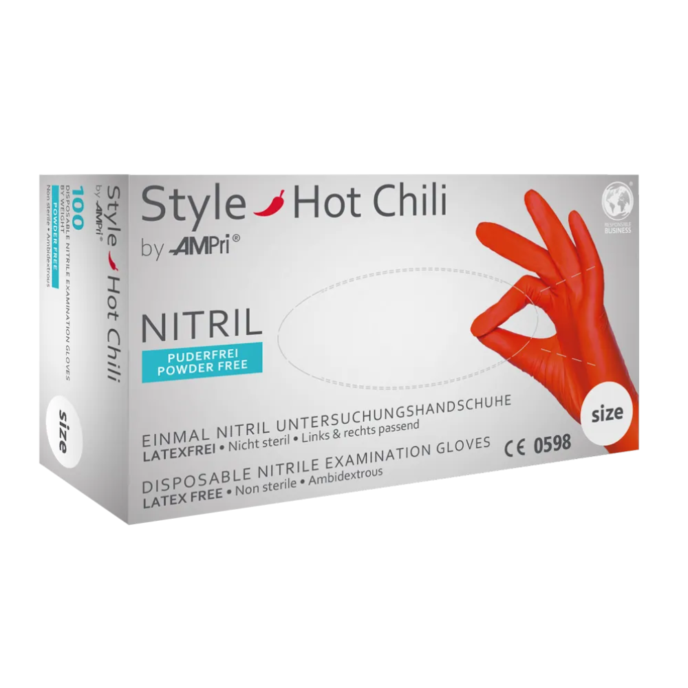 Η εικόνα δείχνει ένα λευκό κουτί με «AMPri STYLE HOT CHILI Nitrilhandschuhe puderfrei von MED-COMFORT» νιτριλιοειδείς γάντια μιας χρήσης της AMPri Handelsgesellschaft mbH. Αυτά τα γάντια μιας χρήσης είναι χωρίς λάτεξ, χωρίς πούδρα (Nitrilhandschuhe puderfrei) και μη αποστειρωμένα και προορίζονται για μία χρήση. Στο κουτί απεικονίζεται ένα χέρι με κόκκινο γάντι που κάνει τη χειρονομία «OK».
