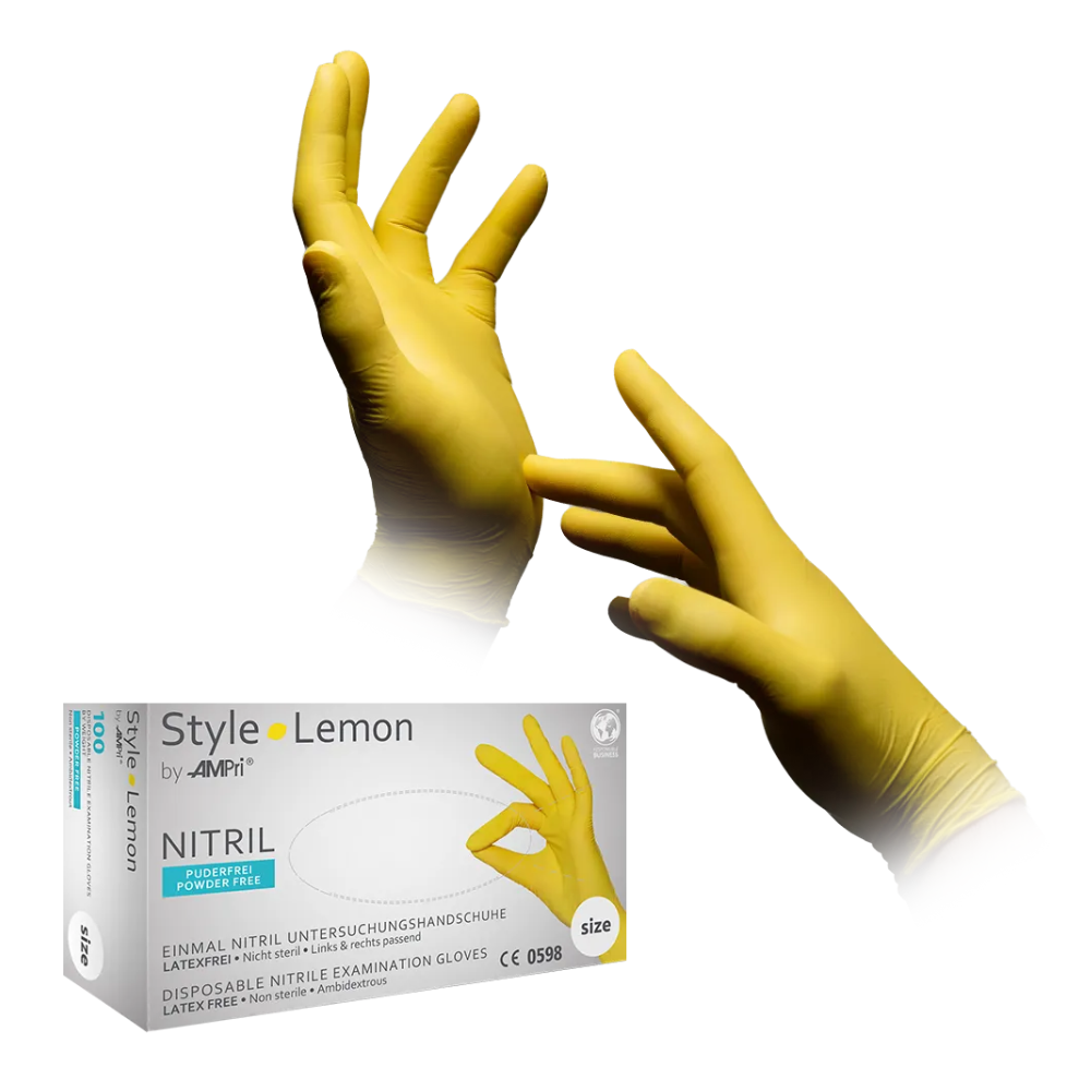 Ένα κουτί AMPri STYLE LEMON γάντια νιτριλίου χωρίς πούδρα από MED-COMFORT, Κίτρινο, με επιγραφή μια φωτογραφία ενός γαντοφορεμένου χεριού που κάνει μια χειρονομία OK. Πάνω από το κουτί αιωρούνται δύο χέρια με κίτρινα, χωρίς πούδρα γάντια νιτριλίου εξέτασης, το ένα με ανοιχτά και το άλλο με τεντωμένα δάχτυλα.