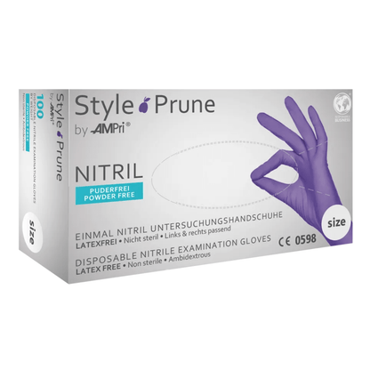 Κουτί AMPri STYLE PRUNE νιτριλίου γάντια χωρίς πούδρα από MED-COMFORT σε σκούρο μοβ από AMPri Handelsgesellschaft mbH. Το κουτί δείχνει ένα χέρι που φοράει ένα μοβ νιτριλίου γάντι και κάνει μια χειρονομία ΟΚ. Τα γάντια είναι χωρίς λάτεξ, χωρίς πούδρα, μη αποστειρωμένα και φοριούνται και από τα δύο χέρια. Το κείμενο είναι διαθέσιμο τόσο στα Γερμανικά όσο και στα Αγγλικά.