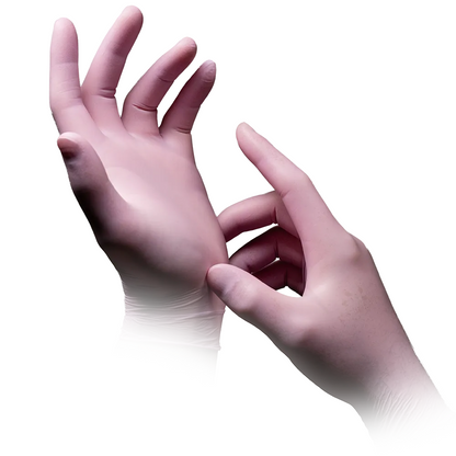 Ένα άτομο που φοράει AMPri STYLE STRAWBERRY γάντια νιτριλίου χωρίς πούδρα από MED-COMFORT σε ροζ από την AMPri Handelsgesellschaft mbH χρησιμοποιεί το δεξί του χέρι για να ρυθμίσει το γάντι στο αριστερό του χέρι. Τα ανοιχτό ροζ γάντια έχουν λεία υφή μπροστά από το καθαρό, λευκό φόντο.