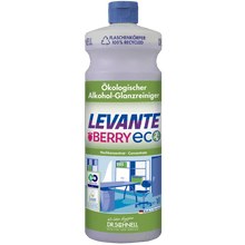 Ένα 1-λίτρο Dr. Schnell Levante Berry ECO από την DR.SCHNELL GmbH & Co. KGaA είναι εξοπλισμένο με πράσινο κλείσιμο, ετικέτα από ανακυκλωμένο πλαστικό, άρωμα μούρων και εικόνες από γραφείο και κουζίνα στο μπροστινό μέρος.