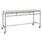 Der Novocal Arbeits- und Ablegetisch verfügt über einen robusten Edelstahlrahmen und eine weiße Vollkernmaterial-Arbeitsplatte, die mit vier Lenkrollen mobil ist - perfekt als vielseitiger Tisch für den professionellen Einsatz.