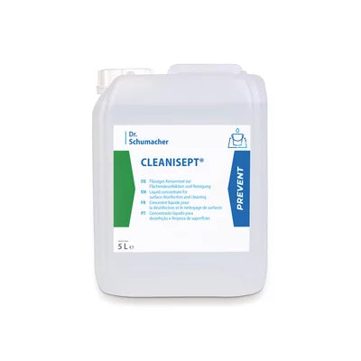 Ένα πλαστικό δοχείο 5 λίτρων της Dr. Schumacher GmbH Cleanisept® απολύμανση και καθαρισμός επιφανειών, με λευκο-μπλε ετικέτα με πράσινες λεπτομέρειες και πολυγλωσσική πληροφορία προϊόντος. Ιδανικό για την απολύμανση επιφανειών και ιατρικών προϊόντων.