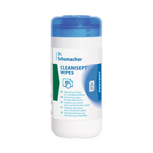 Ein weißer zylindrischer Behälter mit blauem Deckel und der Aufschrift "Dr. Schumacher Cleanisept Wipes Schnelldesinfektion" der Dr. Schumacher GmbH enthält alkoholfreie Tücher für die Schnelldesinfektion von Oberflächen.