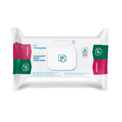 Μια συσκευασία Dr. Schumacher Cleanisept® Wipes Forte Max (100 μαντηλάκια) της Dr. Schumacher GmbH με επανασφραγιζόμενο καπάκι και πράσινες-ροζ λεπτομέρειες προσφέρει ιοκτόνο, χωρίς αλκοόλ απολύμανση σε μια λευκή συσκευασία με στοιχεία μάρκας και προϊόντος.