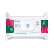 Eine Packung Dr. Schumacher Cleanisept® Wipes Maxi Desinfektionstücher (100 Stück) der Dr. Schumacher GmbH mit wiederverschließbarem Deckel, blauen und rosafarbenen Piktogrammen und Text auf Weiß, konzipiert für schnelle Schnelldesinfektion-alkoholfrei.