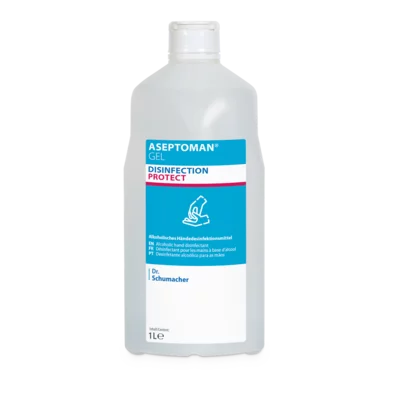 Eine 1-Liter-Kunststoffflasche Dr. Schumacher Aseptoman® Gel Händedesinfektionsgel der Dr. Schumacher GmbH mit blau-weißem Etikett und weißem Verschluss, auf dem hautverträgliches Desinfektionsgel auf weißem Hintergrund abgebildet ist.
