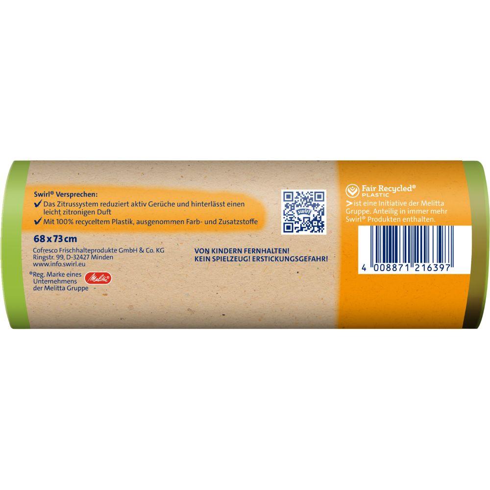 Η εικόνα δείχνει τη συσκευασία της Swirl Ενεργής Φρέσκιας σακούλας απορριμμάτων 60 λ Ανθεκτική & Στεγανή (8 σακούλες) από την Melitta Europa GmbH & Co. KG με πληροφορίες προϊόντος, γραμμωτό κώδικα, οδηγίες ασφαλείας και τη δήλωση «100% ανακυκλωμένο πλαστικό» σε μια καφέ ετικέτα με πράσινες πινελιές.