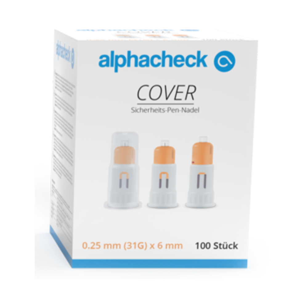Ένα λευκό κουτί με την επιγραφή «Alphacheck COVER Βελόνες ασφαλείας, διάφορα μεγέθη» από την Berger Med GmbH, που περιέχει 100 τεμάχια βελόνες ασφαλείας με διαστάσεις 0,25 mm (31G) x 6 mm. Το κουτί δείχνει εικόνες τριών εξαιρετικά λεπτών ακρών βελονών σε διαφορετικές καταστάσεις - πλήρως καλυμμένες, μερικώς εκτεθειμένες και πλήρως εκτεθειμένες - με ορατό κείμενο στα γερμανικά στη συσκευασία.