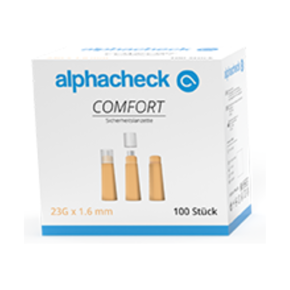 Ένα λευκό κουτί με την επιγραφή «Alphacheck comfort Sicherheitslanzetten» από την Berger Med GmbH, που περιέχει 100 λογχοειδείς βελόνες με διαστάσεις 23G x 1,6 mm. Το κουτί δείχνει εικόνες από τρεις λογχοειδείς βελόνες σε διάφορες καταστάσεις: με καπάκι, εν μέρει χωρίς καπάκι και πλήρως χωρίς καπάκι. Το γερμανικό κείμενο στη συσκευασία επισημαίνει σημαντικά χαρακτηριστικά όπως «ανώδυνη λήψη αίματος» για ασφαλή και ανώδυνη λήψη αίματος.