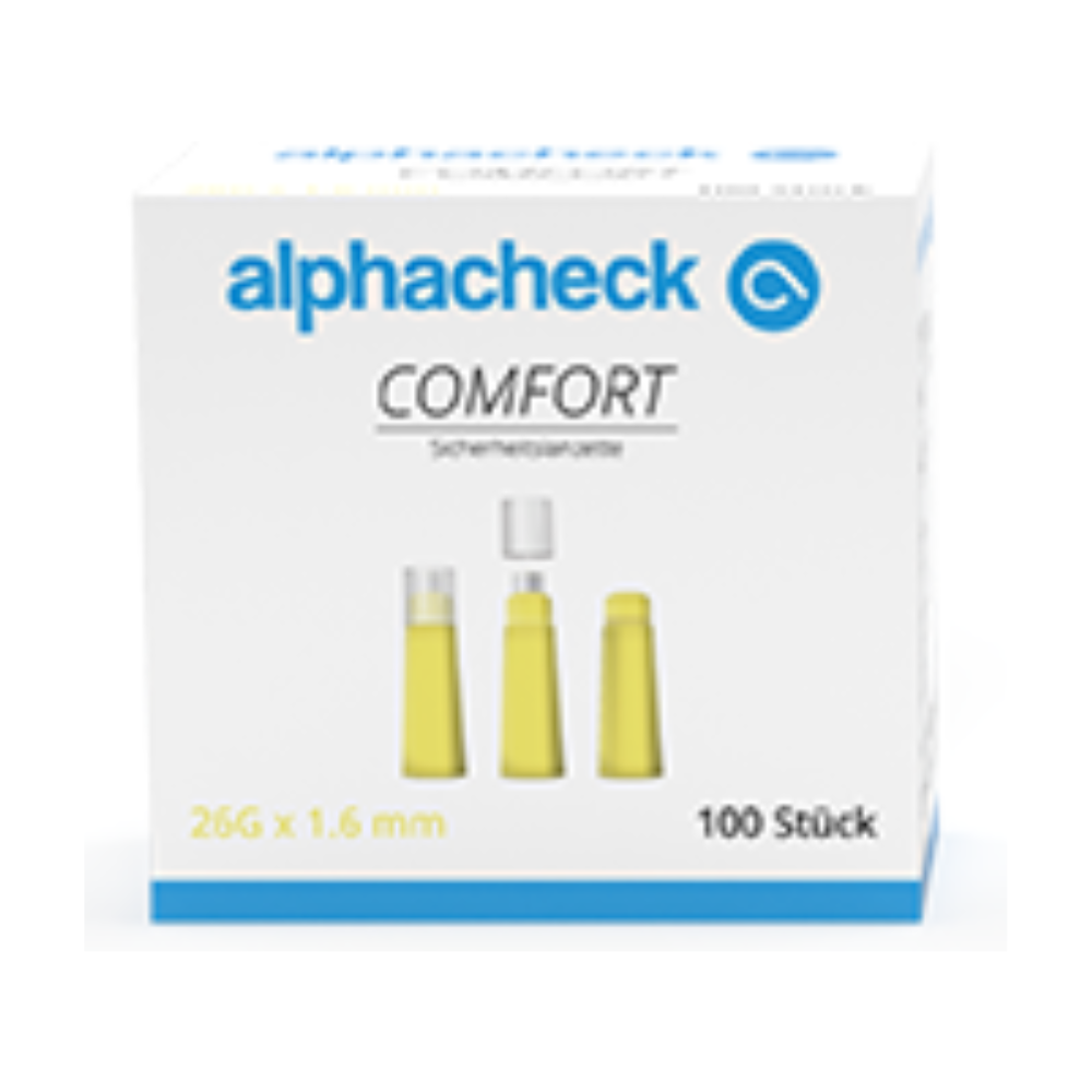 Ένα λευκό κουτί με την επιγραφή «Alphacheck comfort Sicherheitslanzetten» της Berger Med GmbH περιέχει 100 τεμάχια 26G x 1,6 mm ασφαλείας λογχών. Στην μπροστινή πλευρά του κουτιού απεικονίζονται κίτρινες λογχές που παρουσιάζονται σε τρία διαφορετικά στάδια - με τοποθετημένο, εν μέρει αφαιρεμένο και πλήρως αφαιρεμένο καπάκι, που εξασφαλίζουν ανώδυνη λήψη αίματος μέσω ταχείας διάτρησης (ανώδυνη λήψη αίματος μέσω ταχείας διάτρησης).