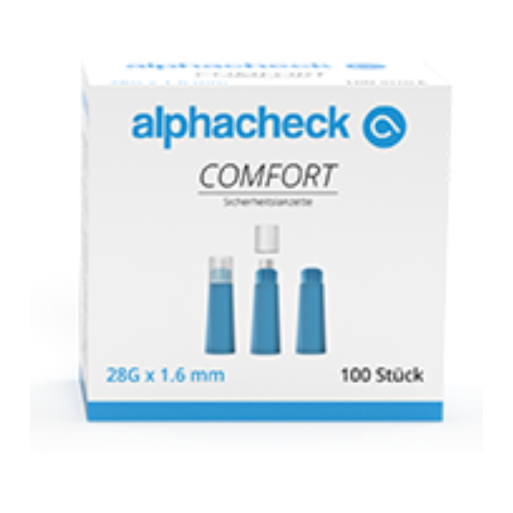 Σε ένα κουτί με την επιγραφή «Alphacheck comfort Sicherheitslanzetten» της Berger Med GmbH περιλαμβάνονται τρεις μπλε συσκευές λογχών για ανώδυνη λήψη αίματος. Στην μπροστινή πλευρά αναφέρεται ότι οι λογχές έχουν μέγεθος 28G x 1,6 mm και παραδίδονται σε συσκευασία των 100 τεμαχίων.