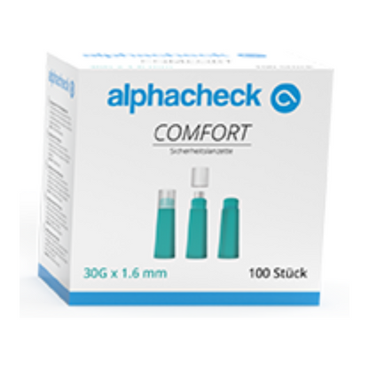 Η εικόνα δείχνει ένα κουτί Alphacheck comfort Sicherheitslanzetten, διάφορα μεγέθη από την Berger Med GmbH. Το λευκό κουτί με μπλε και τυρκουάζ λεπτομέρειες δείχνει τρεις τύπους λογχών, με «30G x 1,6 mm» για ανώδυνη λήψη αίματος και «100 τεμάχια», που υποδεικνύει αντοχή, μήκος και αριθμό των λογχών.