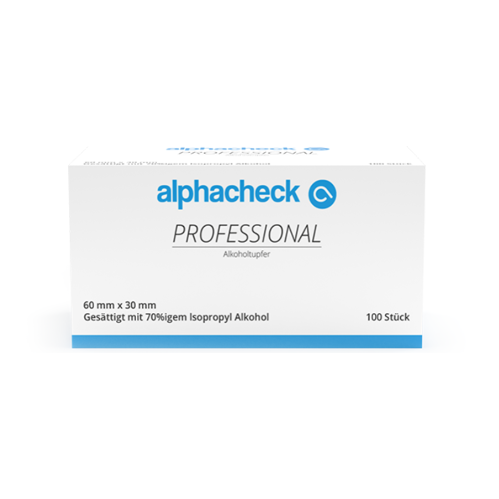 Μια λευκό-μπλε συσκευασία Alphacheck Professional Alkoholtupfer 3 x 6 cm | Συσκευασία (100 τεμάχια) από την Berger Med GmbH περιέχει 100 τεμάχια, το καθένα 60 mm x 30 mm, εμποτισμένα με 70% ισοπροπυλική αλκοόλη. Το προϊόν είναι επισημασμένο τόσο στα Γερμανικά όσο και στα Αγγλικά για εύκολη αναγνώριση και είναι ιδανικό για απολύμανση του δέρματος.