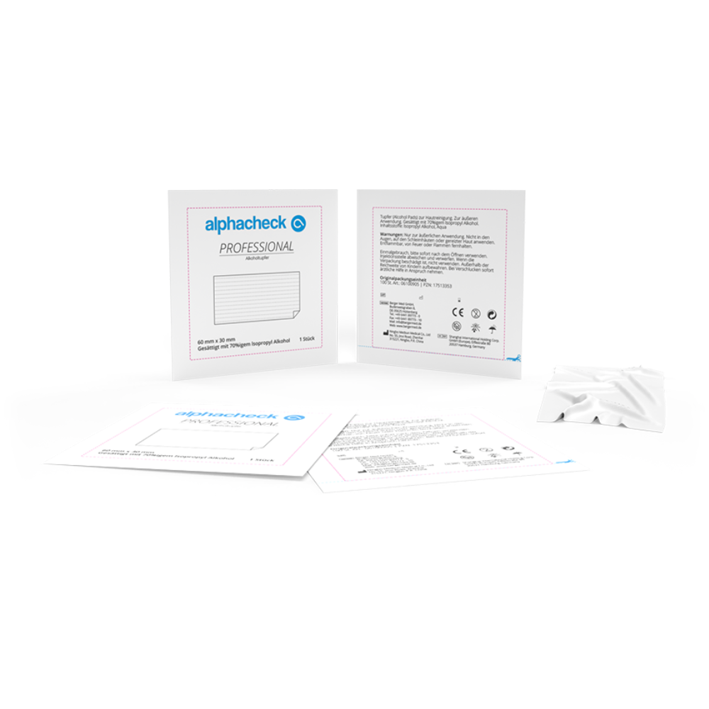 Εικόνα μιας επαγγελματικής ιατρικής συσκευασίας δοκιμής της Berger Med GmbH. Η κύρια συσκευασία είναι ανοιχτή και δείχνει οδηγίες και λεπτομέρειες προϊόντος. Δίπλα βρίσκονται ένα επιπλέον φυλλάδιο και ένα μικρό, σφραγισμένο λευκό πακέτο με την επιγραφή «Alphacheck Professional Alkoholtupfer 3 x 6 cm | Συσκευασία (100 τεμάχια) για απολύμανση του δέρματος».