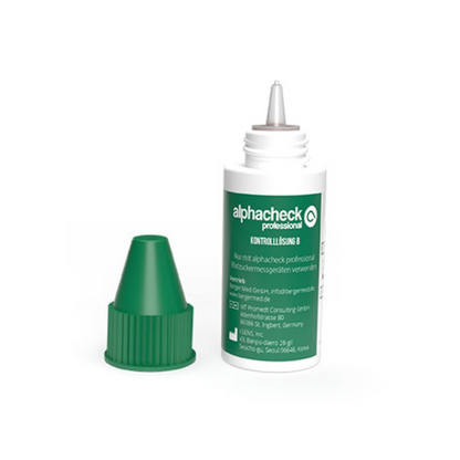 Εικόνα μιας μικρής λευκής φιάλης με πράσινη ετικέτα και πράσινο καπάκι, με την επιγραφή «Alphacheck Professional Kontrolllösung A+ B | Συσκευασία (2 φιάλες).» Η φιάλη είναι ανοιχτή, το καπάκι βρίσκεται δίπλα της. Το κείμενο στην πράσινη ετικέτα φαίνεται να είναι στα γερμανικά. Ιδανικό για χρήση με τον μετρητή γλυκόζης σας από την Berger Med GmbH.