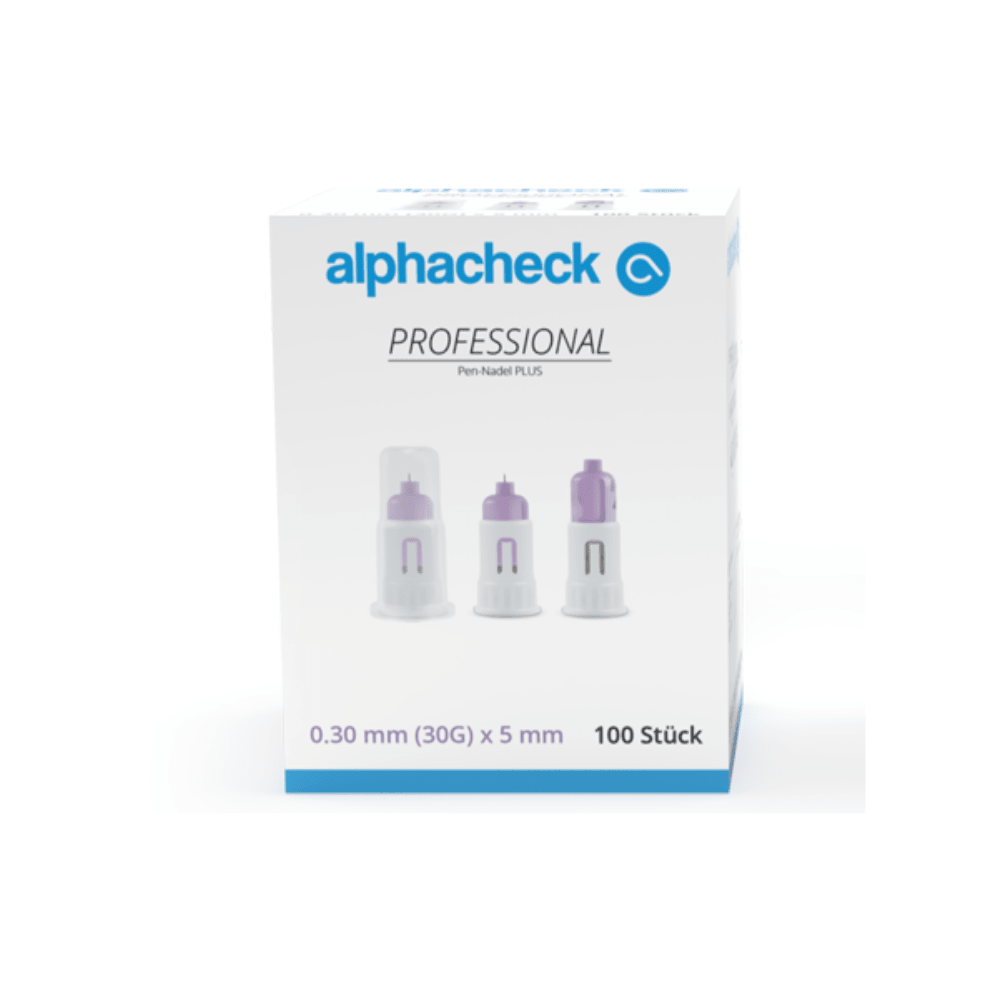 Ένα κουτί με βελόνες Alphacheck Professional Pen-Nadel PLUS, διαφόρων μεγεθών, για ενέσεις ινσουλίνης. Το κουτί φέρει εικόνα των αποστειρωμένων βελόνων και αναγράφει το μέγεθος: 0,30 mm (30G) x 5 mm. Περιέχει 100 τεμάχια της εταιρείας Berger Med GmbH.