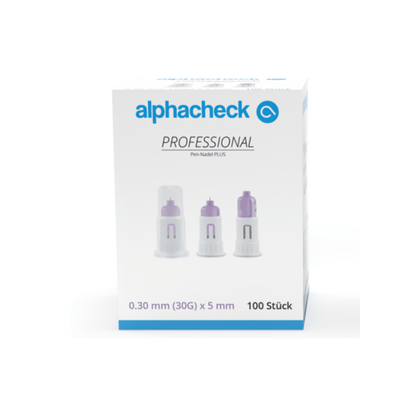 Ένα κουτί με βελόνες Alphacheck Professional Pen-Nadel PLUS, διαφόρων μεγεθών, για ενέσεις ινσουλίνης. Το κουτί φέρει εικόνα των αποστειρωμένων βελόνων και αναγράφει το μέγεθος: 0,30 mm (30G) x 5 mm. Περιέχει 100 τεμάχια της εταιρείας Berger Med GmbH.