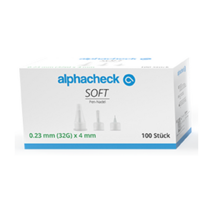 Ένα λευκό κουτί με την επιγραφή «Berger Med GmbH Alphacheck Soft Pen-Nadeln, διάφορα μεγέθη, 100 τεμάχια/συσκευασία» περιέχει 100 βελόνες πένας. Το κείμενο αναφέρει ότι οι βελόνες έχουν μέγεθος 0,23 mm (32G) x 4 mm και είναι κατάλληλες για άνετη ένεση ινσουλίνης. Η μπροστινή πλευρά του κουτιού δείχνει τρεις εικόνες βελόνων και επιπλέον κείμενο σε μπλε και πράσινο χρώμα.
