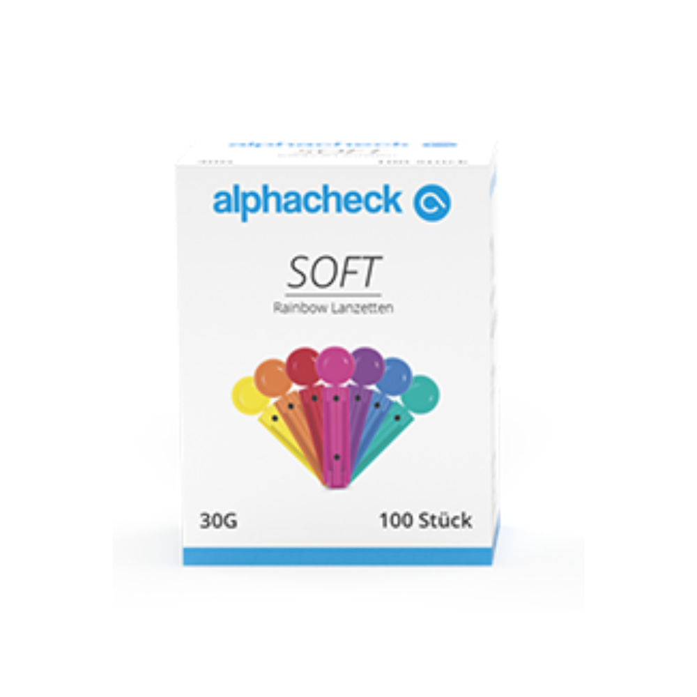Κουτί με λοχεύματα Alphacheck Soft Rainbow, διάφορα μεγέθη από την Berger Med GmbH για αιμοληψία. Το κουτί είναι κυρίως λευκό με μπλε πάνω και κάτω πλευρά. Η εικόνα στο μπροστινό μέρος δείχνει μια διάταξη λοχευμάτων σε σχήμα βεντάλιας σε χρώματα κίτρινο, ροζ, κόκκινο, μοβ, μπλε και πράσινο. Το κείμενο αναγράφει «30G» και «100 κομμάτια».