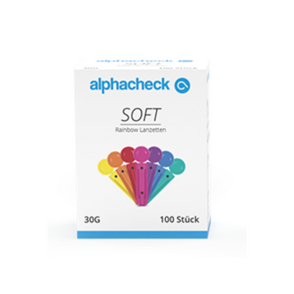 Κουτί με λοχεύματα Alphacheck Soft Rainbow, διάφορα μεγέθη από την Berger Med GmbH για αιμοληψία. Το κουτί είναι κυρίως λευκό με μπλε πάνω και κάτω πλευρά. Η εικόνα στο μπροστινό μέρος δείχνει μια διάταξη λοχευμάτων σε σχήμα βεντάλιας σε χρώματα κίτρινο, ροζ, κόκκινο, μοβ, μπλε και πράσινο. Το κείμενο αναγράφει «30G» και «100 κομμάτια».