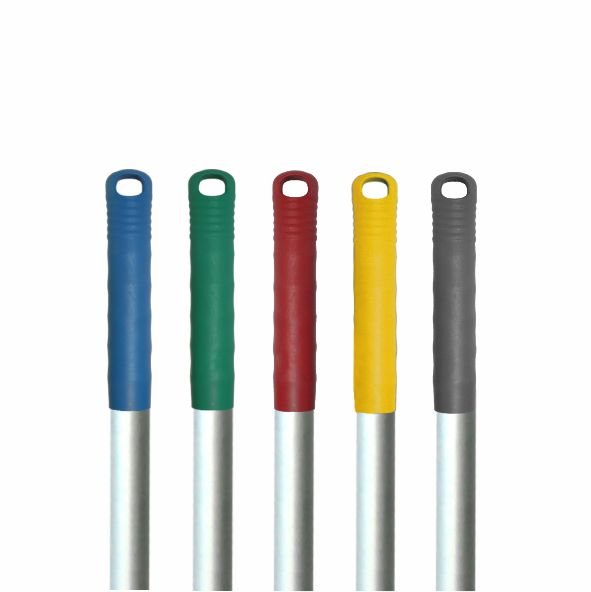 Πέντε Arcora ALUMINIUMSTIEL 140 cm κοντάρια σφουγγαρίστρας της Arcora International GmbH εκτίθενται, το καθένα με μια ασημένια ράβδο και μια έγχρωμη πλαστική λαβή (μπλε, πράσινο, κόκκινο, κίτρινο ή γκρι) καθώς και μια οβάλ τρύπα στην κορυφή για εύκολη αποθήκευση - ιδανικό για όλες τις ανάγκες καθαρισμού.