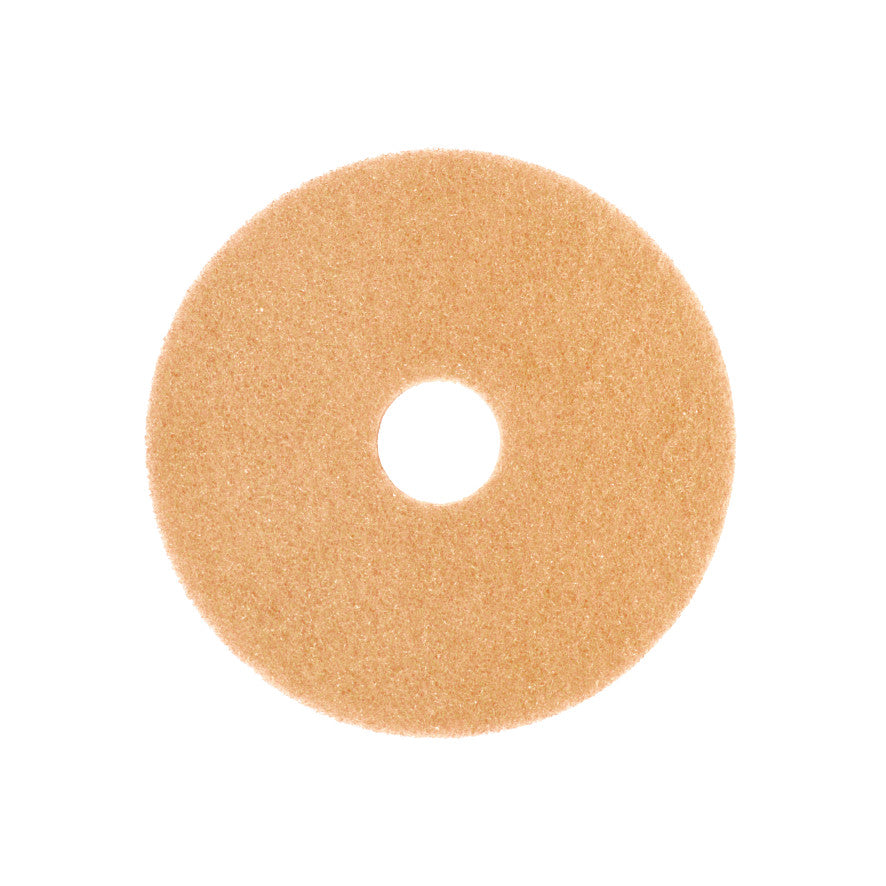 Das Arcora Superpad Beige von Arcora International GmbH ist ein kreisrundes Bodenpad mit Mittelloch, ideal zum Trockenpolieren und zur Unterhaltsreinigung empfindlicher Böden bis zu 400 U/min, abgebildet auf weißem Untergrund.