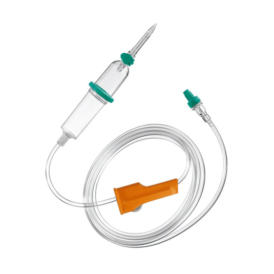 Το B. Braun Σετ έγχυσης Intrafix® SafeSet από B. Braun Το Deutschland GmbH & Co. KG είναι ένα σετ ενδοφλέβιας (IV) χορήγησης που περιλαμβάνει έναν διαφανή θάλαμο στάγδην, μια βελόνα και έναν μακρύ εύκαμπτο σωλήνα με πορτοκαλί σφιγκτήρα τύπου ρολού για τον ακριβή έλεγχο της ροής. Το σετ αυτό διαθέτει επίσης μια μεμβράνη φίλτρου AirStop και μια πράσινη θύρα σύνδεσης, η οποία είναι κατάλληλη για ενδοφλέβιες εγχύσεις υπό πίεση και βαρύτητας.