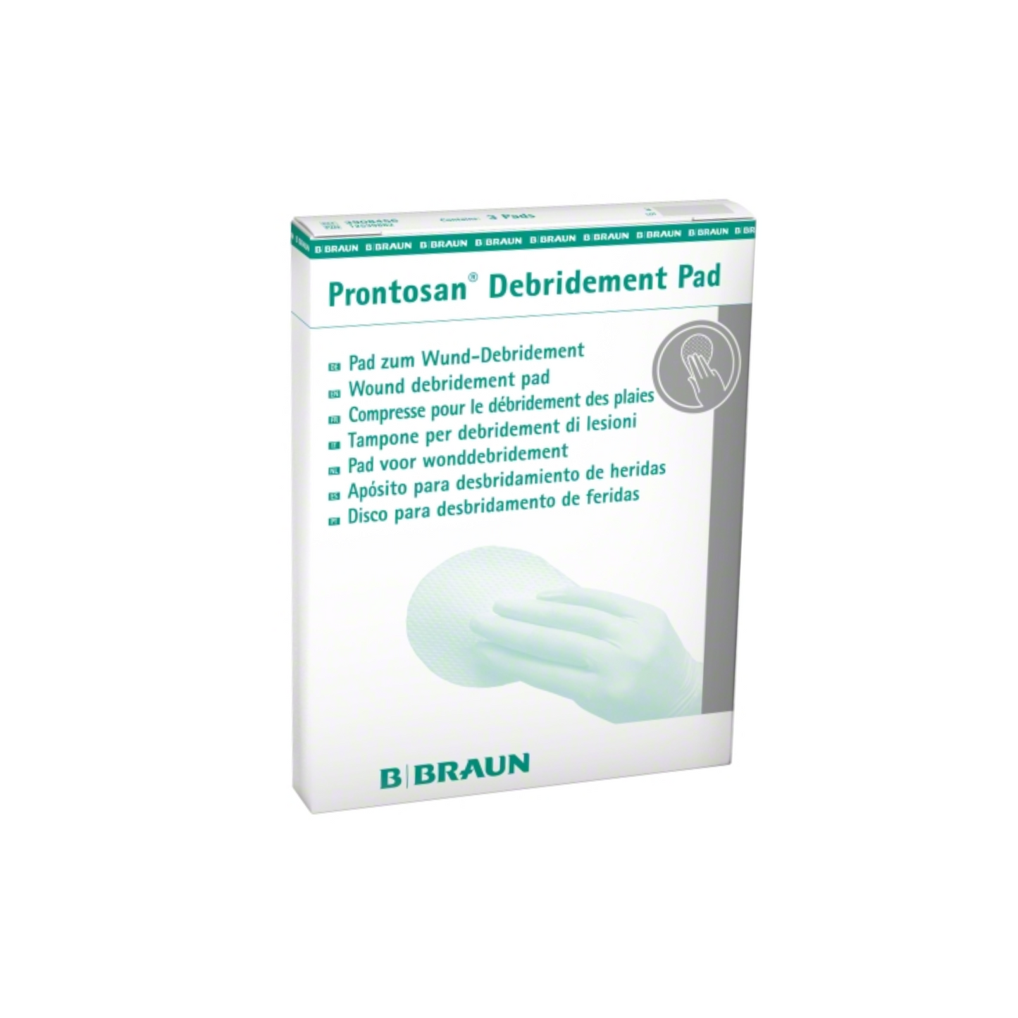 Μια εικόνα του B. Braun Debridement Pads, 3er Pack| Πακέτο (3 τεμάχια) από την B. Braun Deutschland GmbH & Co. KG δείχνει ένα λευκό κουτί με πράσινο και γκρι κείμενο, πολυγλωσσικές ετικέτες και μια εικόνα ενός χεριού που χρησιμοποιεί το pad για απομάκρυνση νεκρού ιστού από πληγές, αναδεικνύοντας την αποτελεσματική μικροϊνώδη πλευρά.