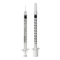 Δύο B. Braun σύριγγες Omnican®-F, μία με ενσωματωμένη βελόνα και μία με καπάκι, στέκονται κάθετα. Κάθε σύριγγα διαθέτει πάνω στον διαφανή πλαστικό κύλινδρο της μετρήσεις χιλιοστόλιτρων με μαύρο κείμενο, καθιστώντας την ιδανική για υποδόριες ενέσεις μπροστά από ένα απλό λευκό φόντο.