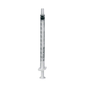 Μία διαφανής σύριγγα μιας χρήσης B.Braun Omnifix® 100 Solo για ινσουλίνη U-100, σχεδιασμένη για υποδόρια ένεση ινσουλίνης, με μαύρο καπάκι εμβόλου και γραμμές μέτρησης στο πλάι καθώς και την επιγραφή "BBRAUN", στέκεται όρθια μπροστά από ένα απλό λευκό φόντο.