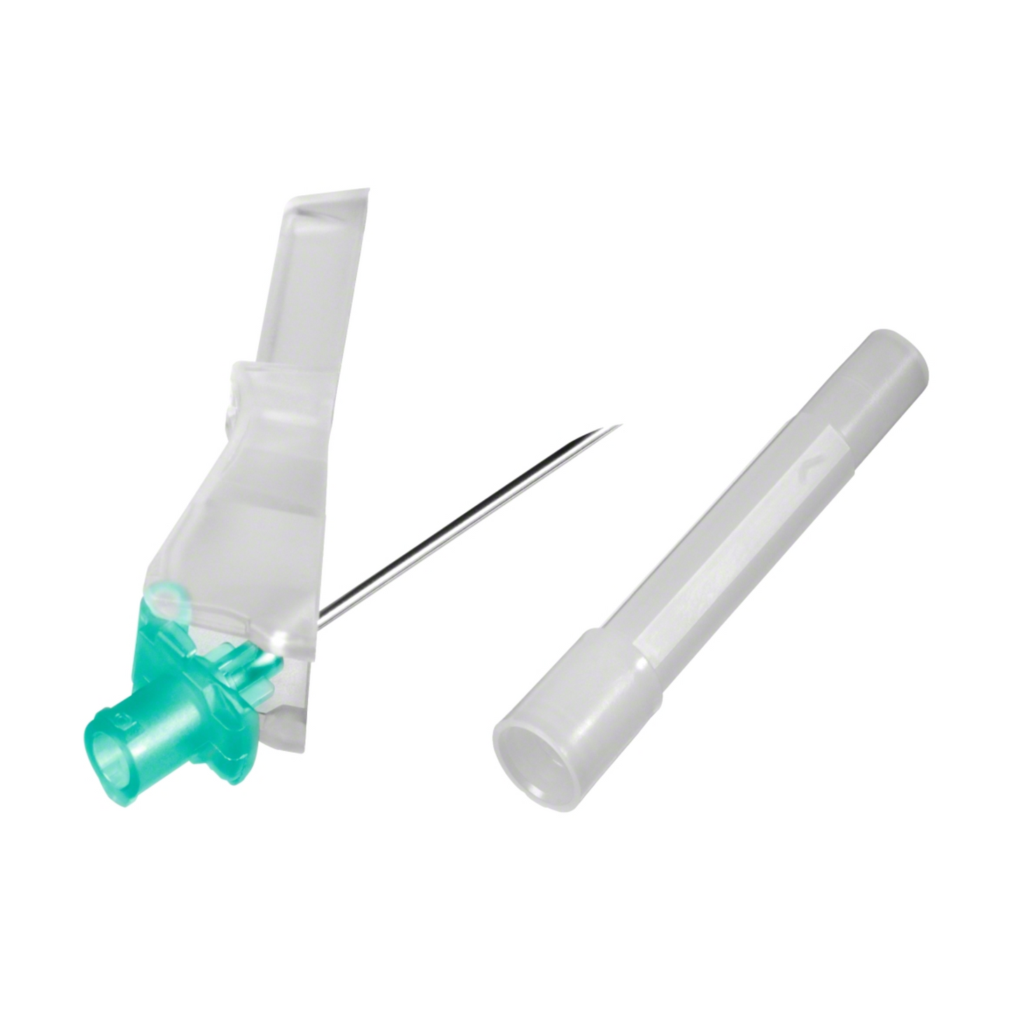 Μια B. Braun Sterican® Safety ασφαλής βελόνα ένεσης, η οποία έχει στο ένα άκρο ένα πλαστικό κάλυμμα μπλε-πράσινου χρώματος και στο άλλο άκρο ένα διαφανές περίβλημα, είναι τοποθετημένη διαγώνια, με ένα ξεχωριστό λευκό καπάκι δίπλα της σε ένα απλό λευκό φόντο. Αυτό δείχνει τον μηχανισμό ασφαλείας των σύγχρονων ασφαλών βελονών ένεσης της B. Braun Deutschland GmbH & Co. KG.